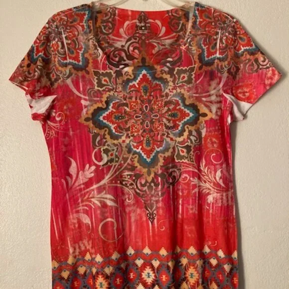 Style & Co Bright Cheery Multi Color Short Sleeve Bling Front Round Neck Sz M - Picture 2 of 6